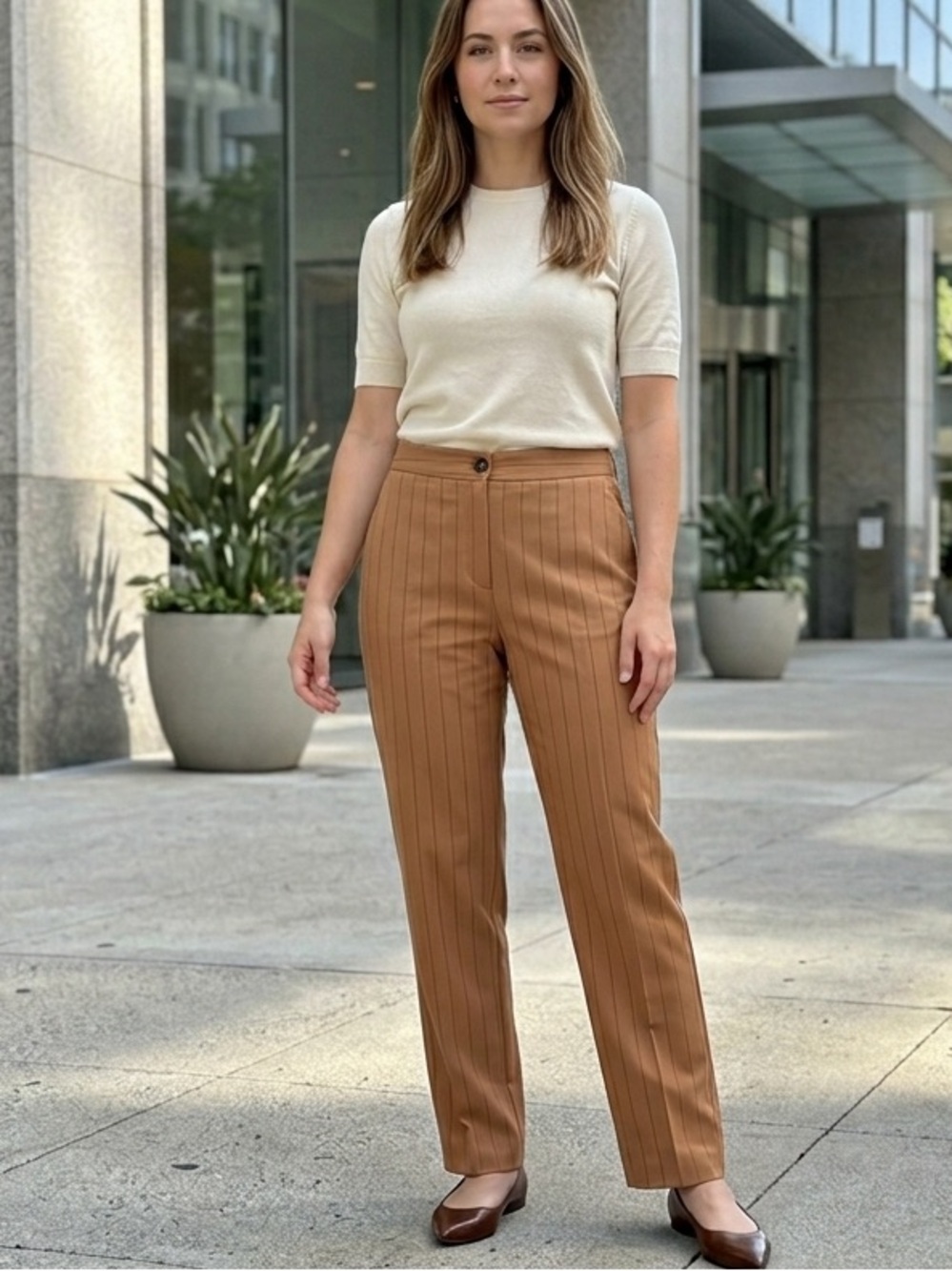 GANNI High Waisted Cropped 1463 Moscow Tailor Trouser Pant Camel Pinstripe Small